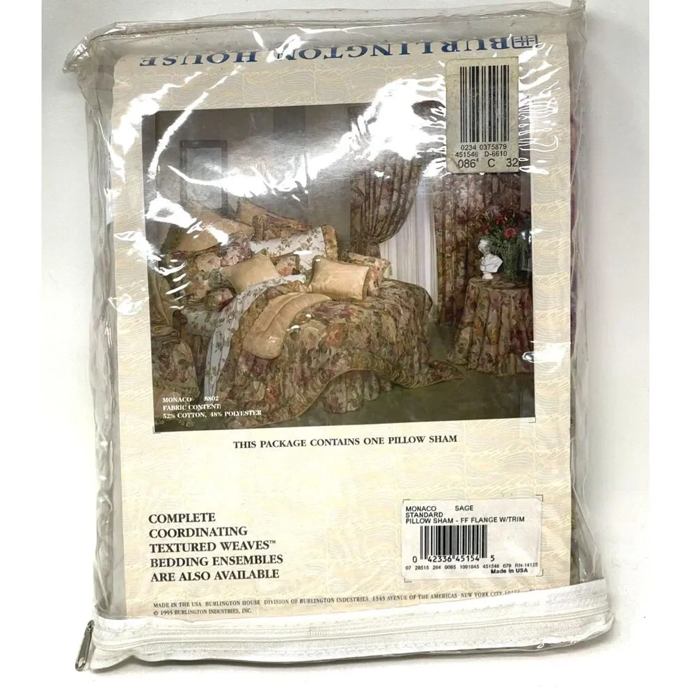 Burlington House Monaco Sage Pillow Sham New in Package Standard Size USA Made